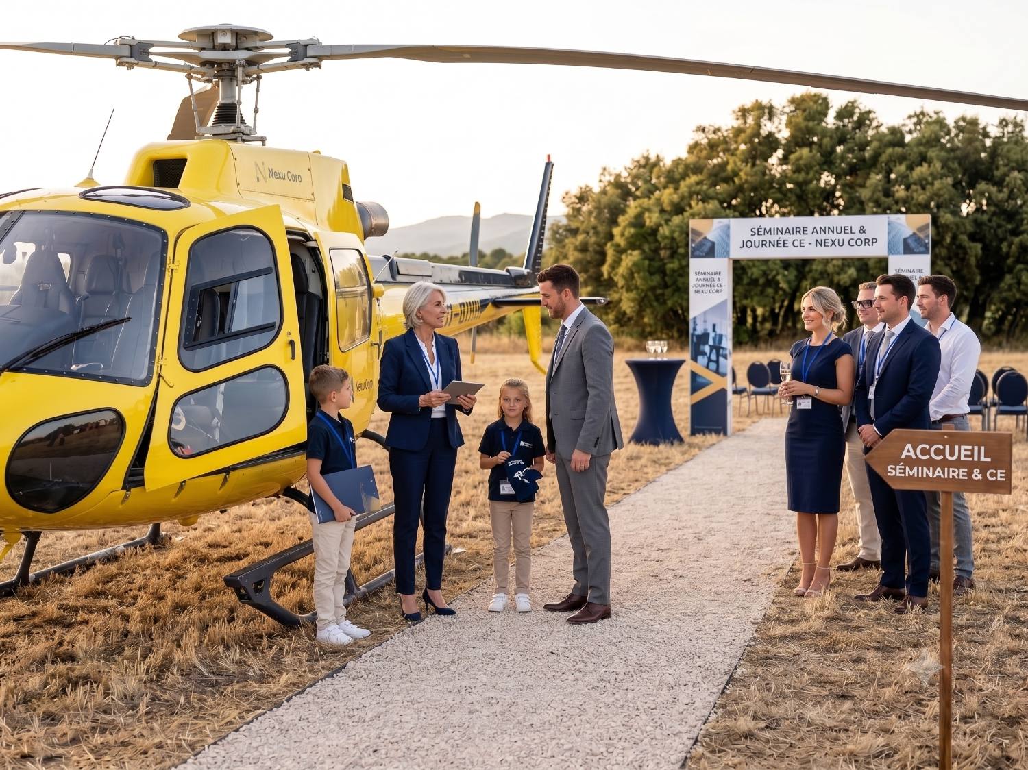 Équipe d'entreprise devant l'hélicoptère